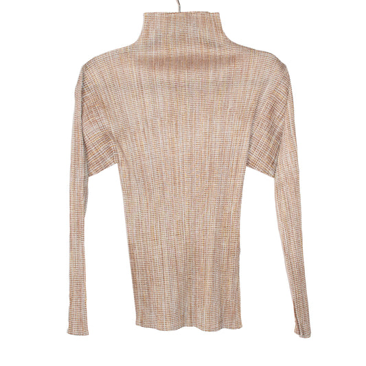 Issey Miyake Pleats Please Beige Print Long Sleeve Turtle Neck Top