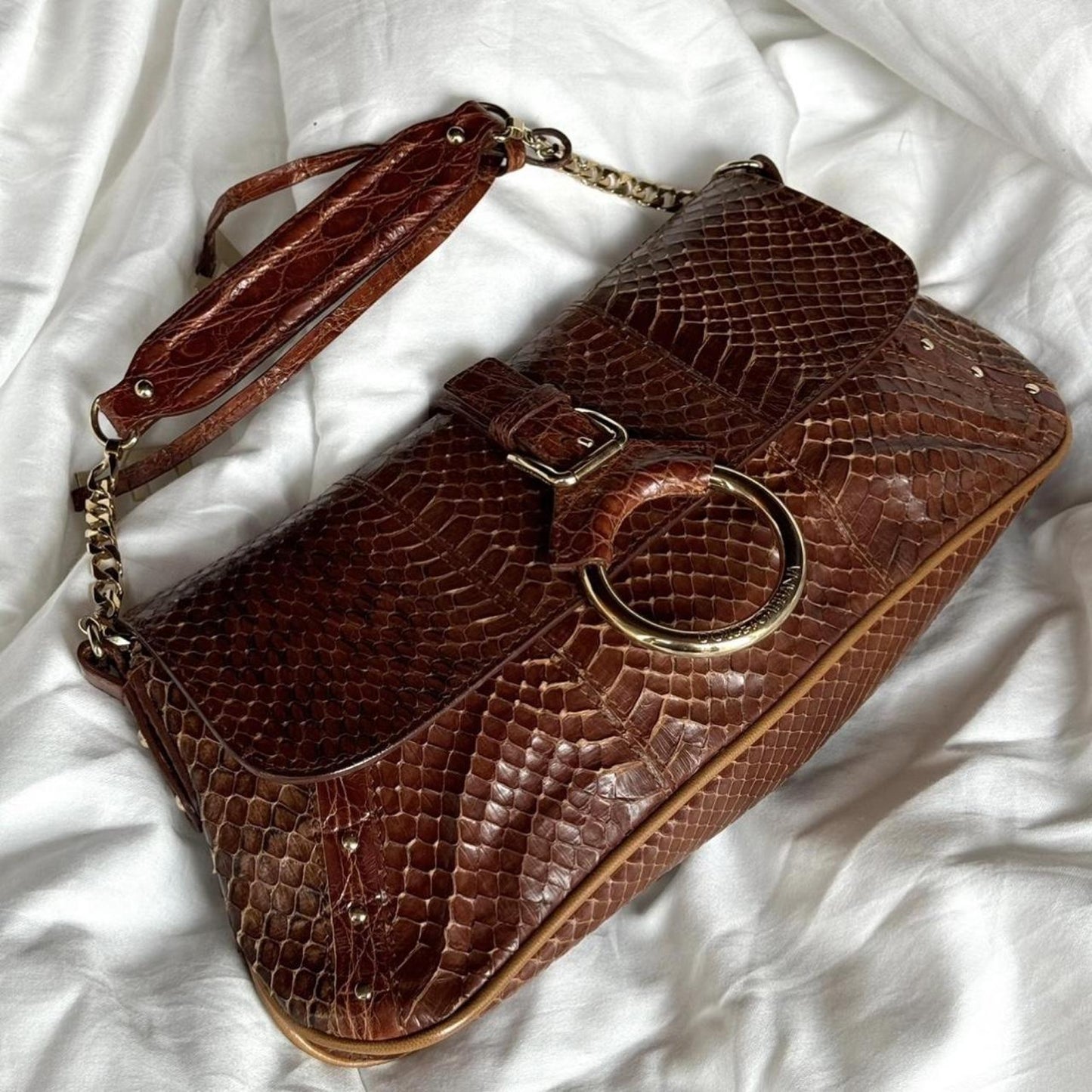 Vintage Dolce & Gabbana Brown Snakeskin Chain Shoulder Bag