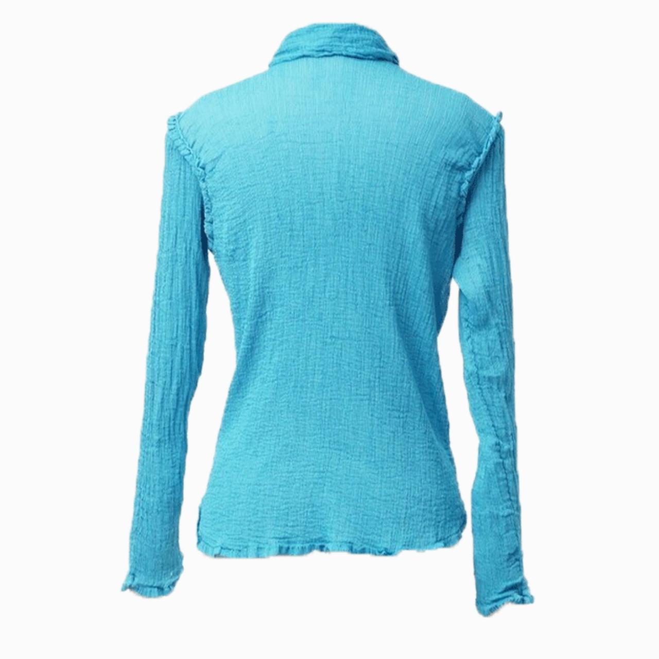 Issey Miyake Blue Wrinkle Processing Long Sleeve Blouse with Lace Detail