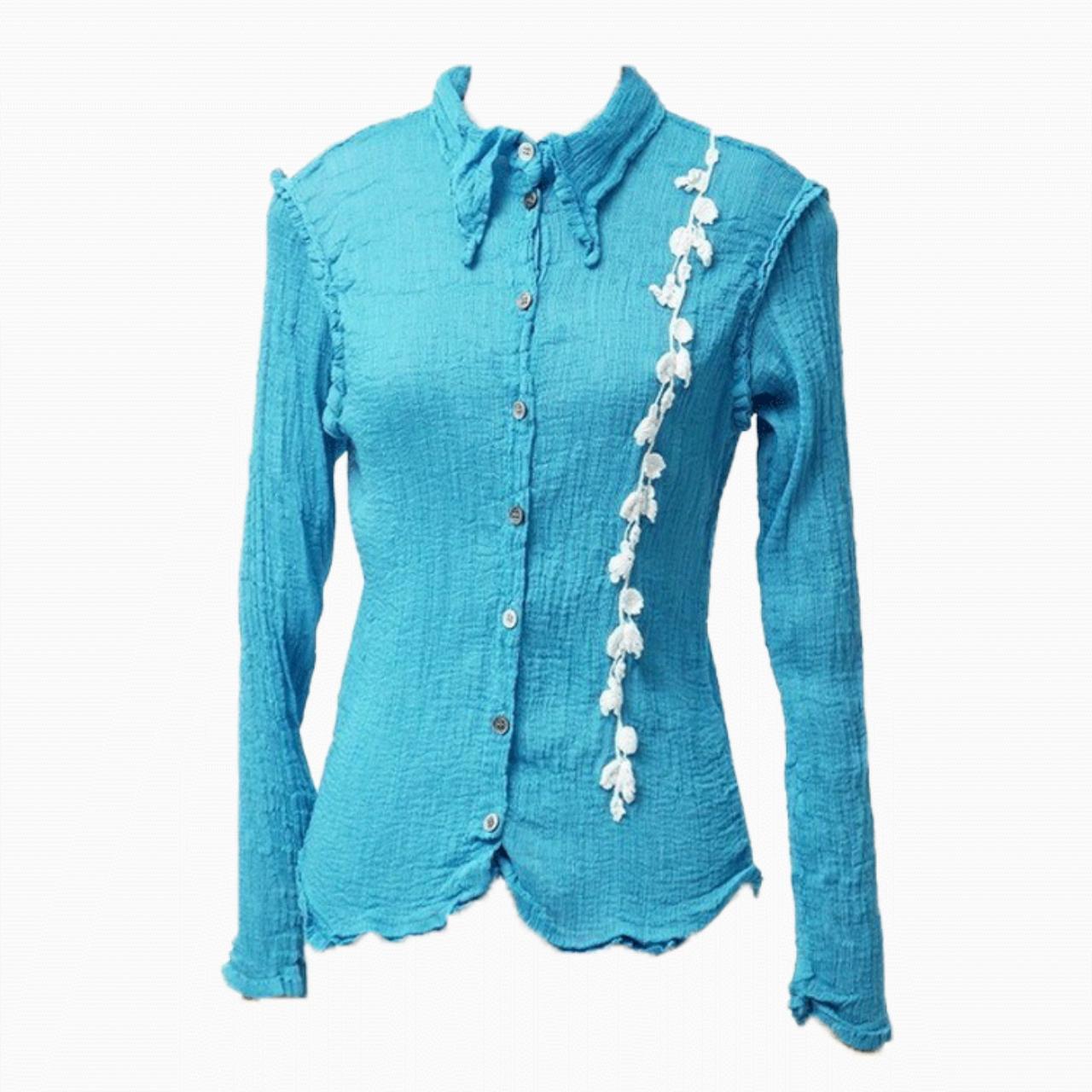 Issey Miyake Blue Wrinkle Processing Long Sleeve Blouse with Lace Detail